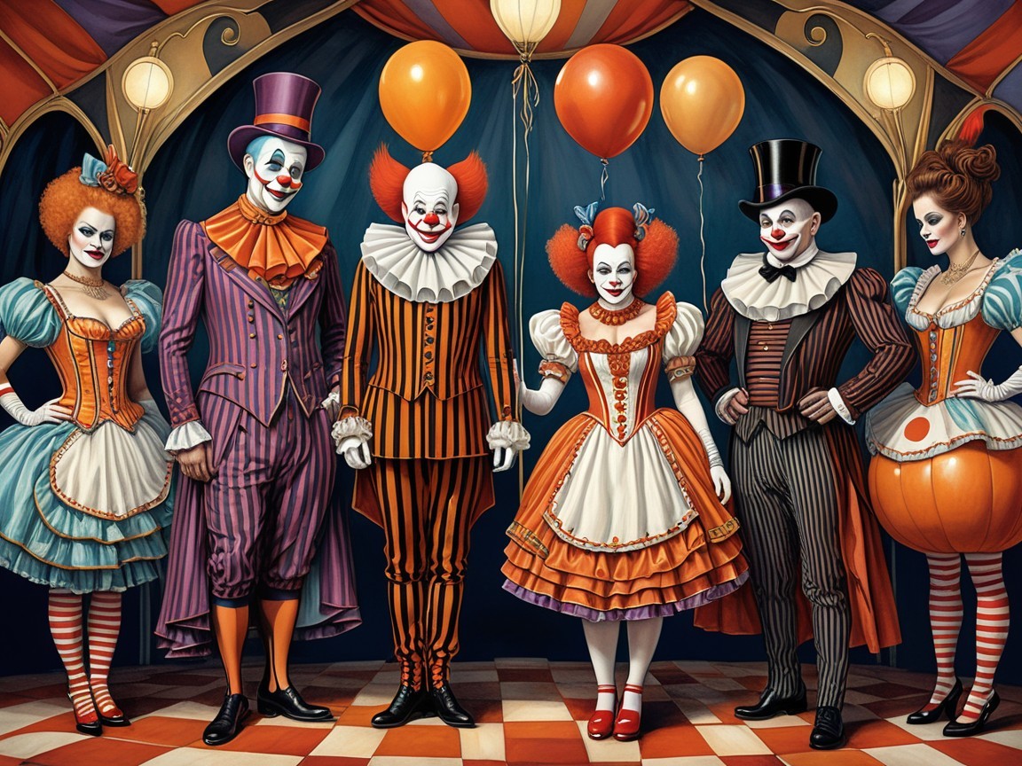 Whimsical Circus Scene with Colorful Clowns and Tent