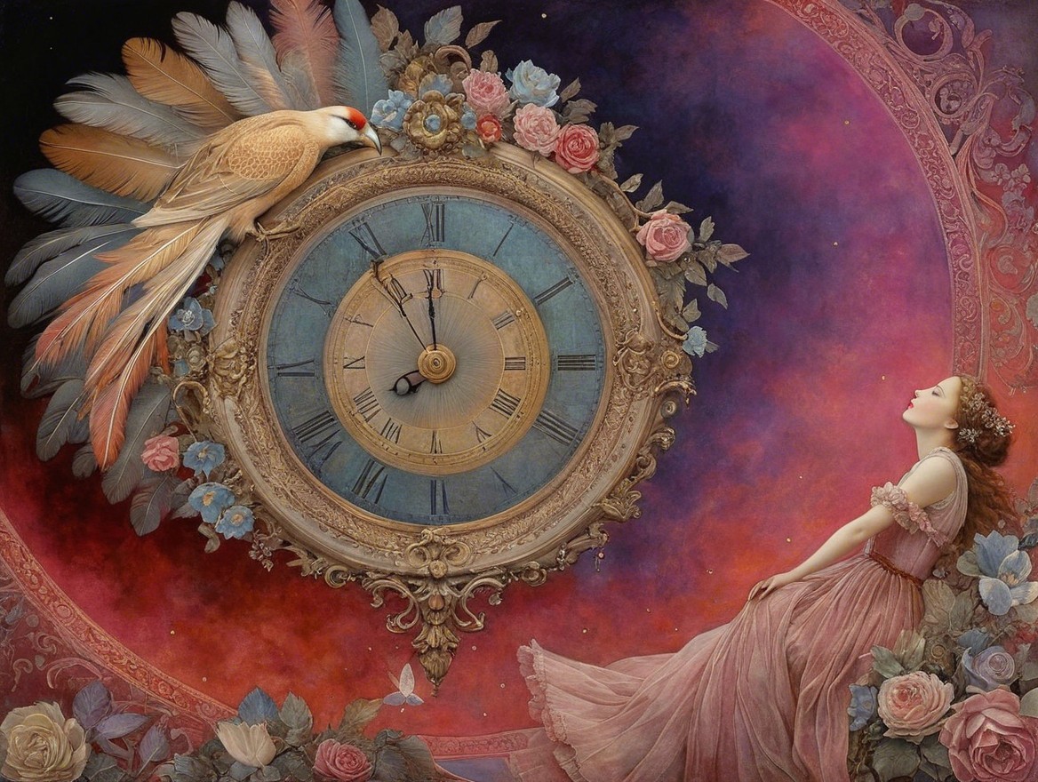 Dreamlike Scene with Woman, Clock, and Cosmic Backdrop
