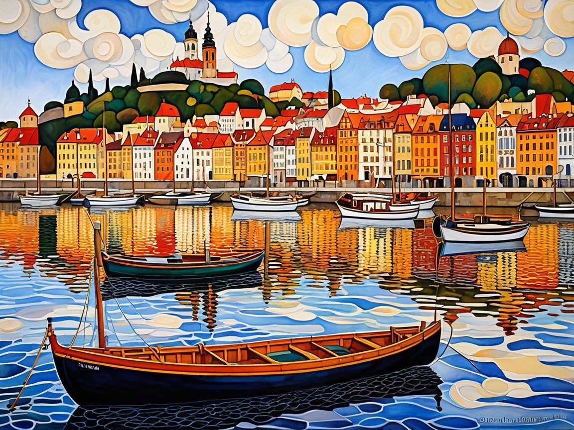 Vibrant Harbor Scene with Colorful Buildings and Boats