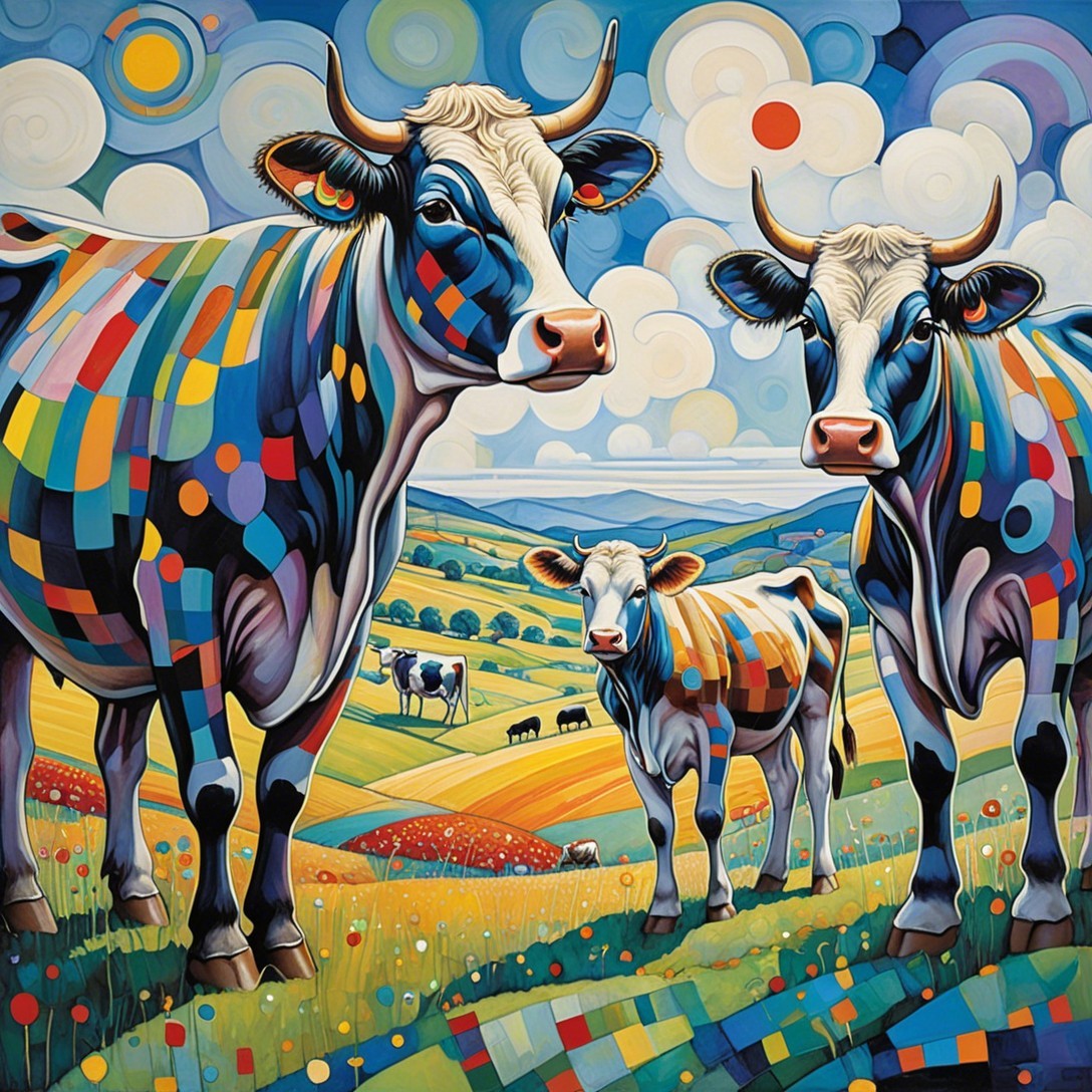 Abstract Landscape with Colorful Cows and Hills