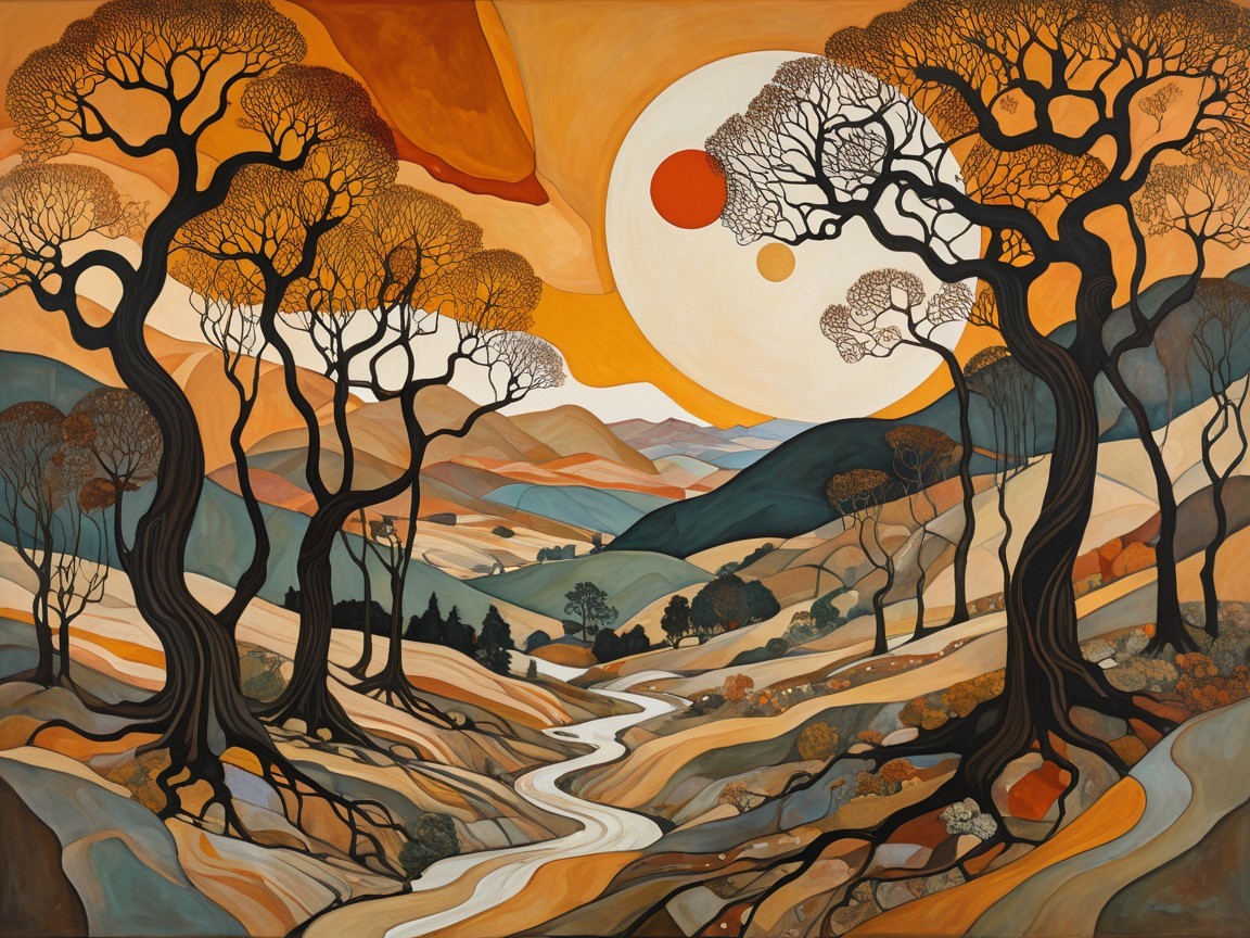 Vibrant Landscape with Swirling Hills and River
