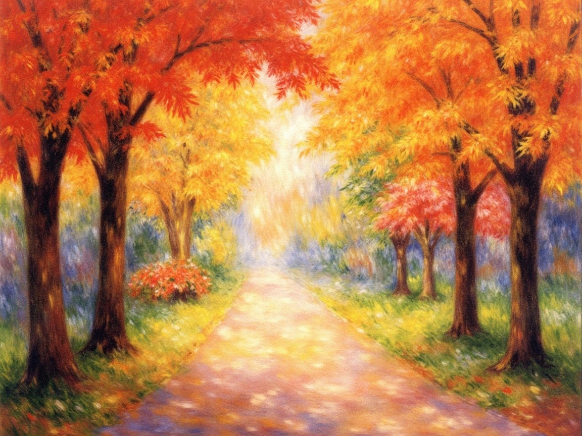 Autumn Forest Pathway with Colorful Foliage and Light