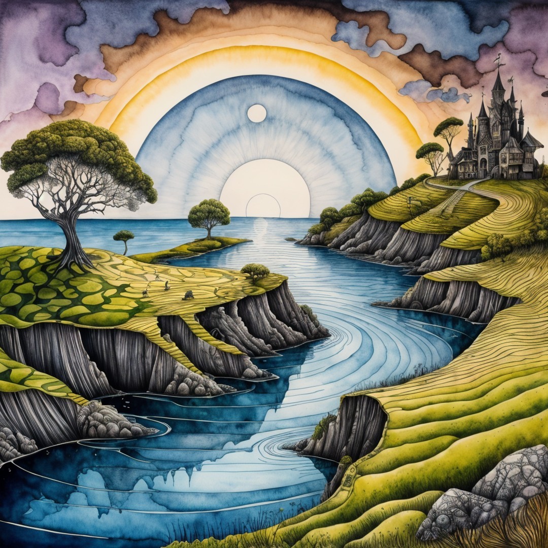 Whimsical Landscape with River, Castle, and Sunrise Sky