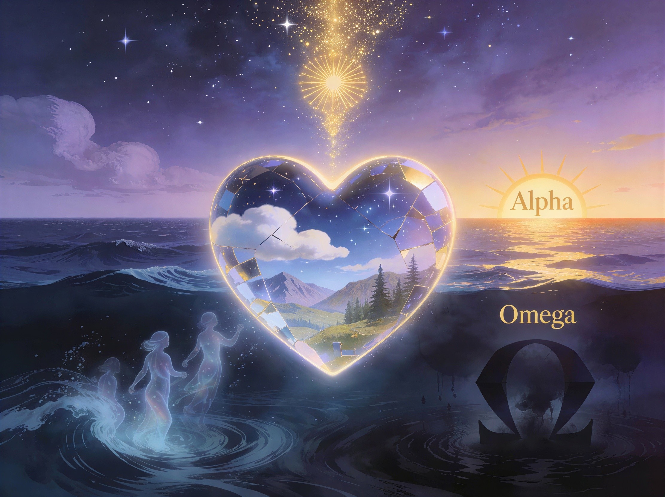 Heart-Shaped Object Reflecting Serene Landscape and Sky