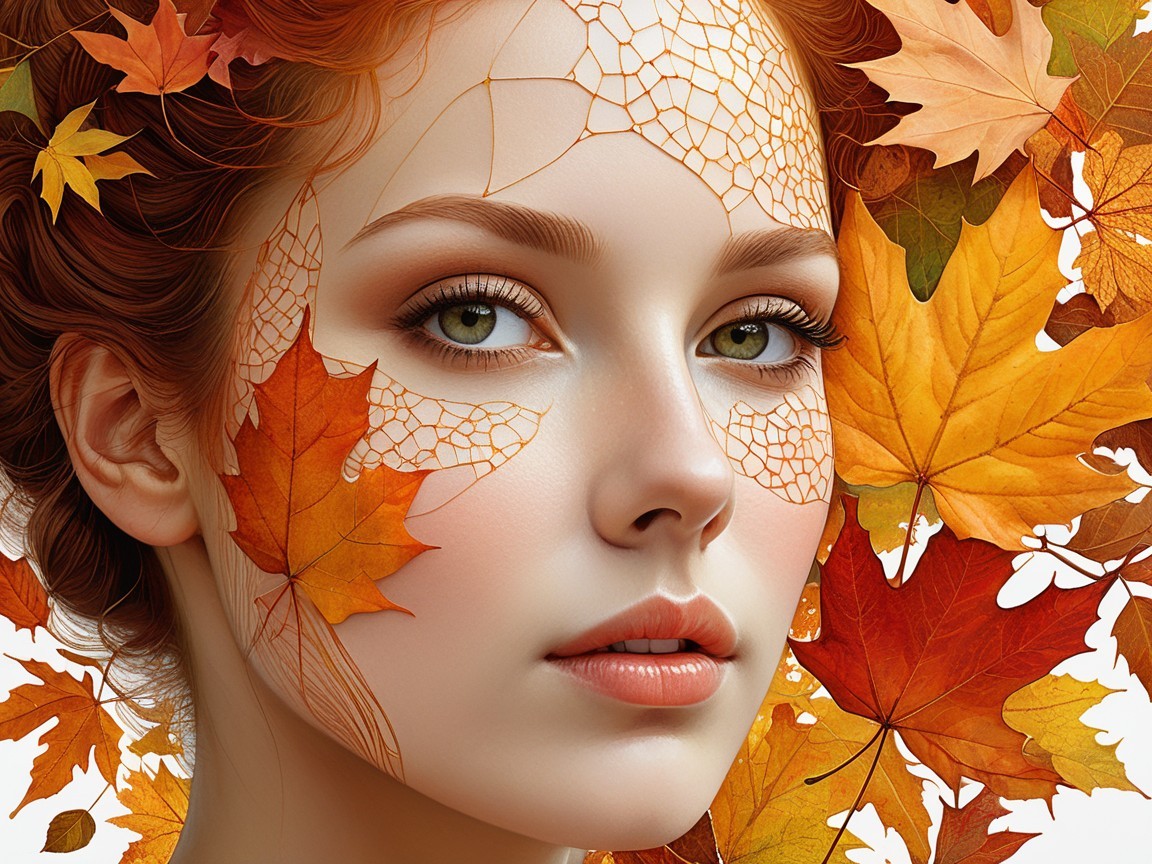 Portrait of a woman with leaf patterns and autumn hues