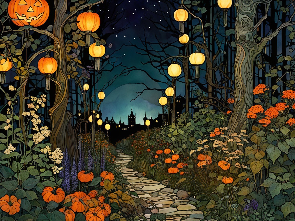 Winding Path in Enchanted Forest with Lanterns and Pumpkins