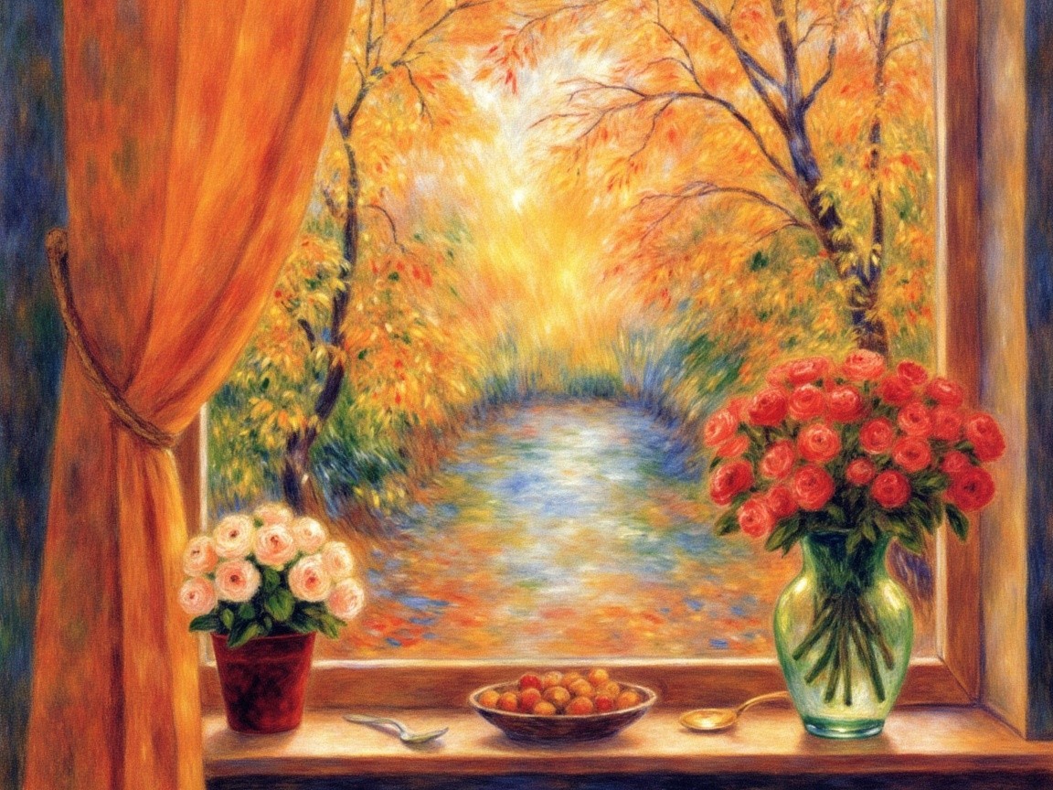 Cozy Window View with Autumn Landscape and Flowers