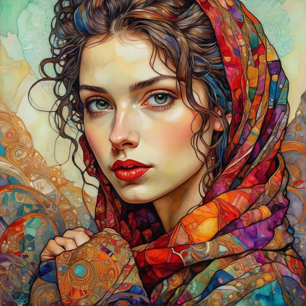 Woman with Green Eyes and Curly Hair in Scarf