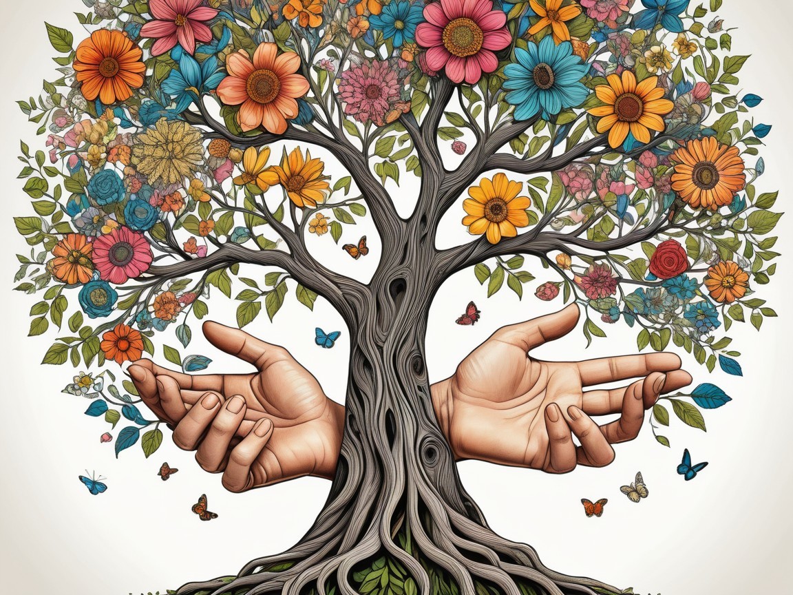 Illustration of a tree with colorful flowers and butterflies