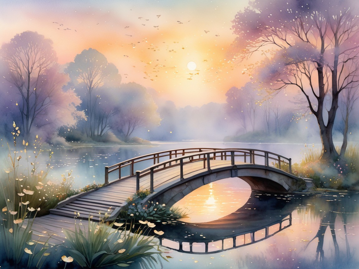 Tranquil Watercolor Landscape with Arched Bridge
