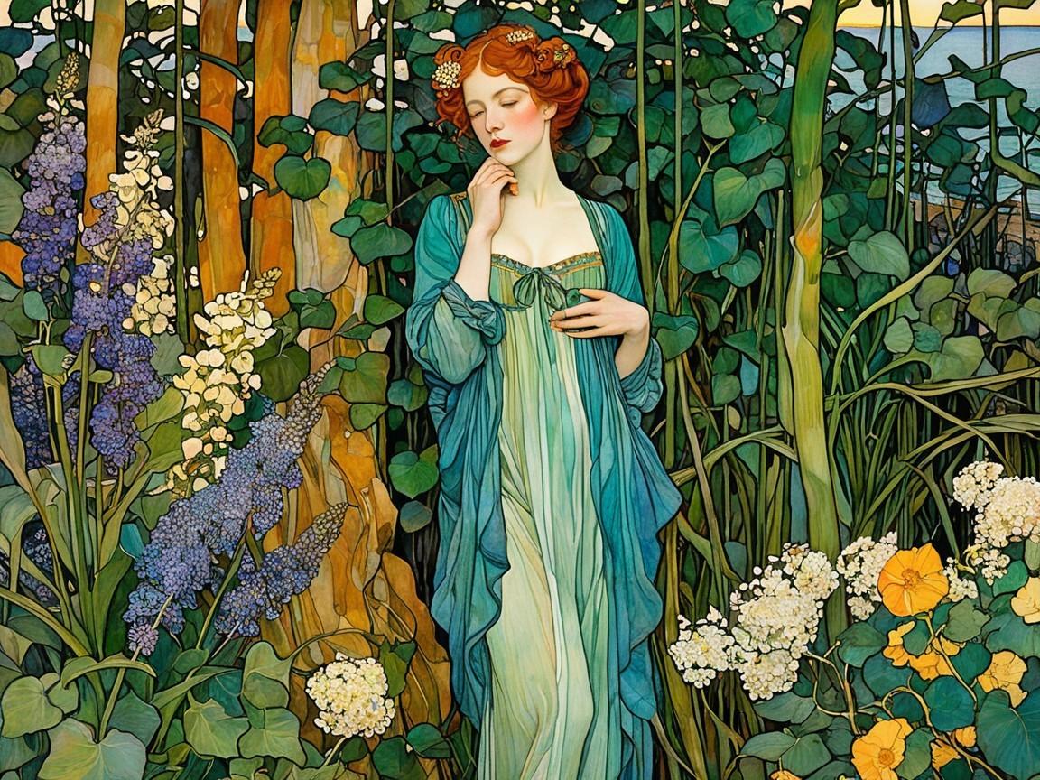 Serene Woman in Nature with Flowers and Greenery