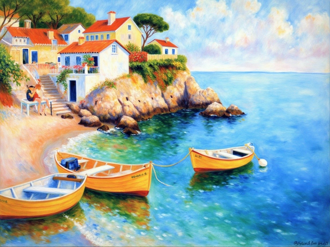 Coastal Scene with Houses, Boats, and Serene Nature