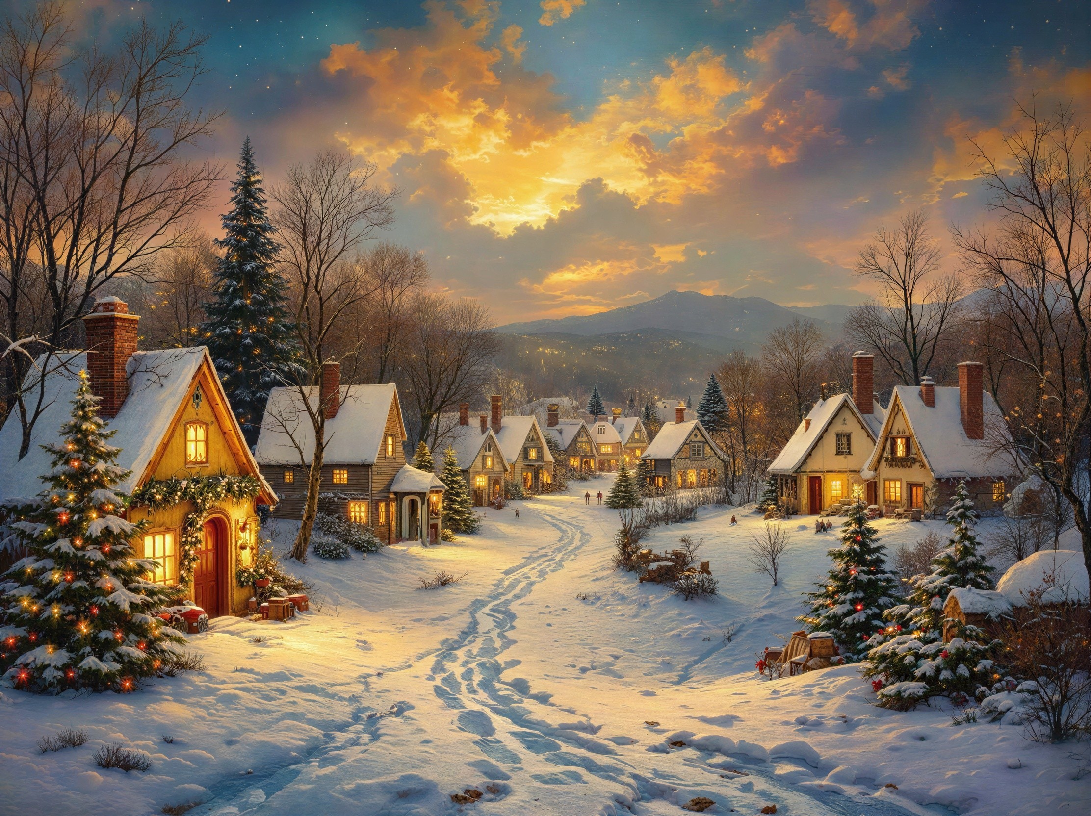 Intricate Winter Wonderland Oil Painting Description