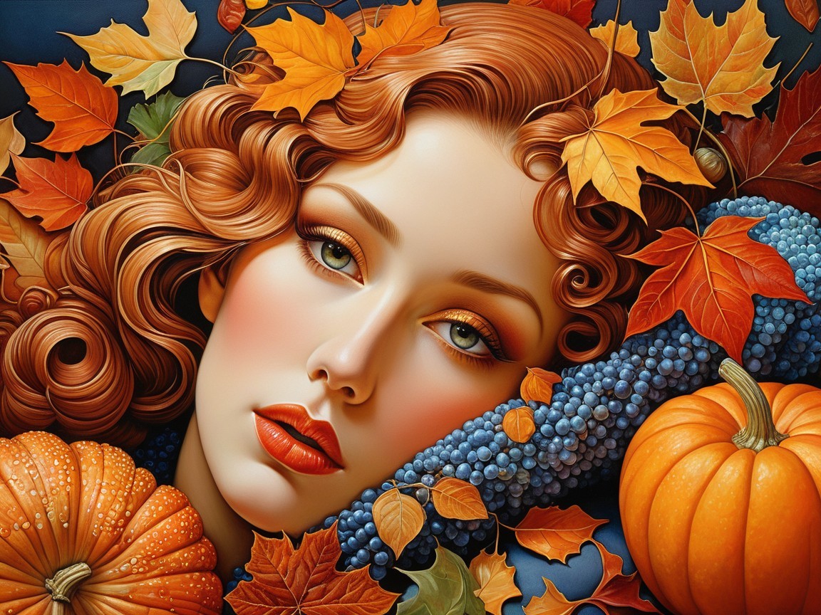 Woman with Red Curls Surrounded by Autumn Leaves