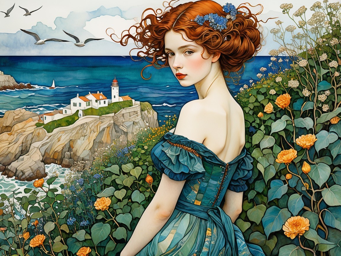 Young Woman in Blue Dress by Rocky Coastline