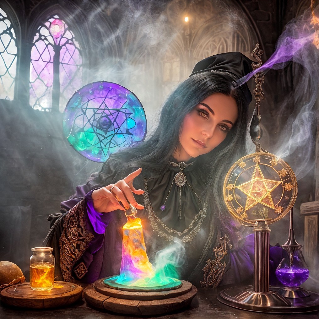 Sorceress in Gothic Chamber with Vibrant Potions