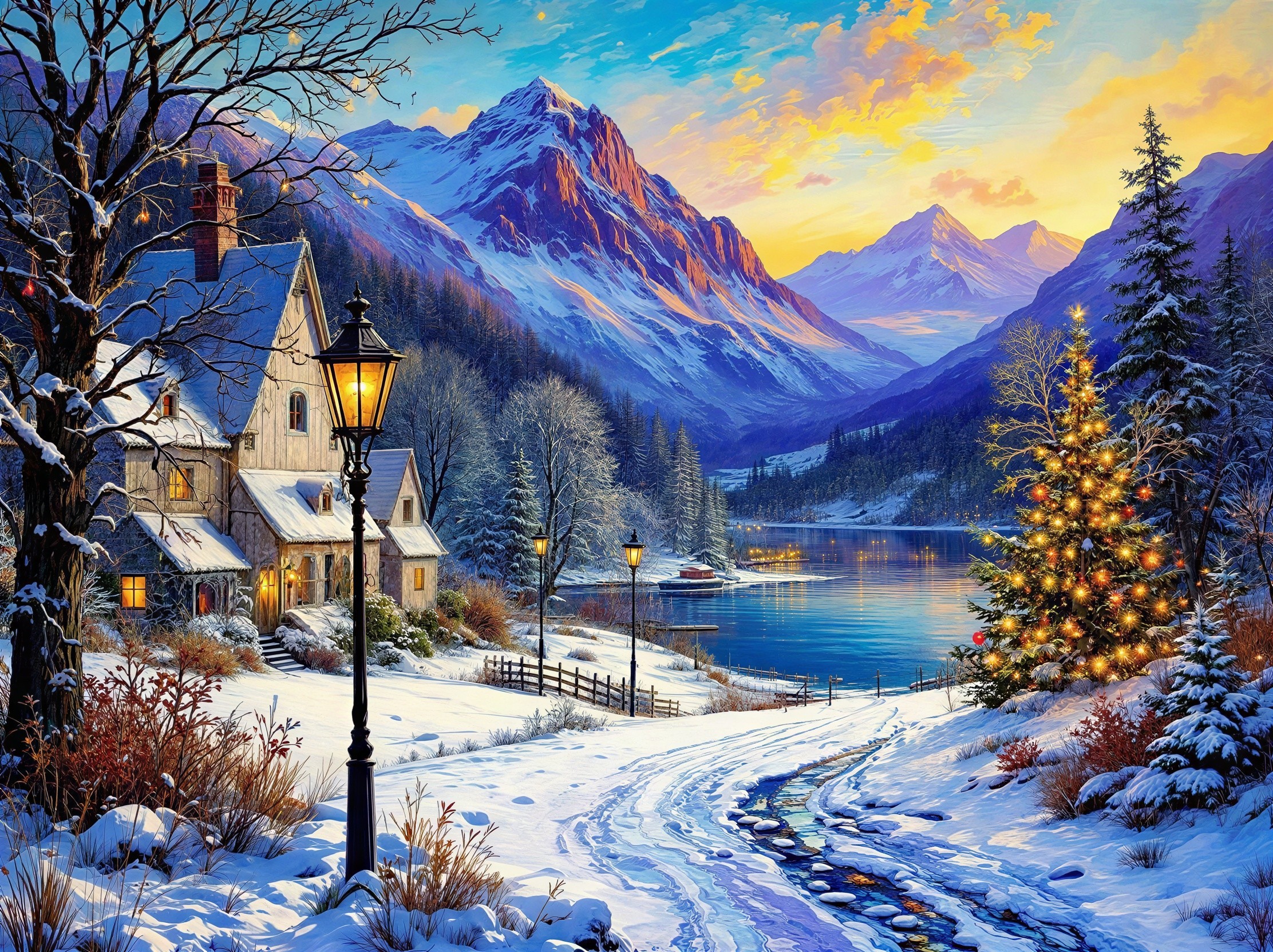Vibrant Digital Art of Snowy Mountain Village Landscape