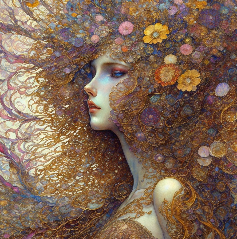 Portrait of a woman with floral hair and serene beauty