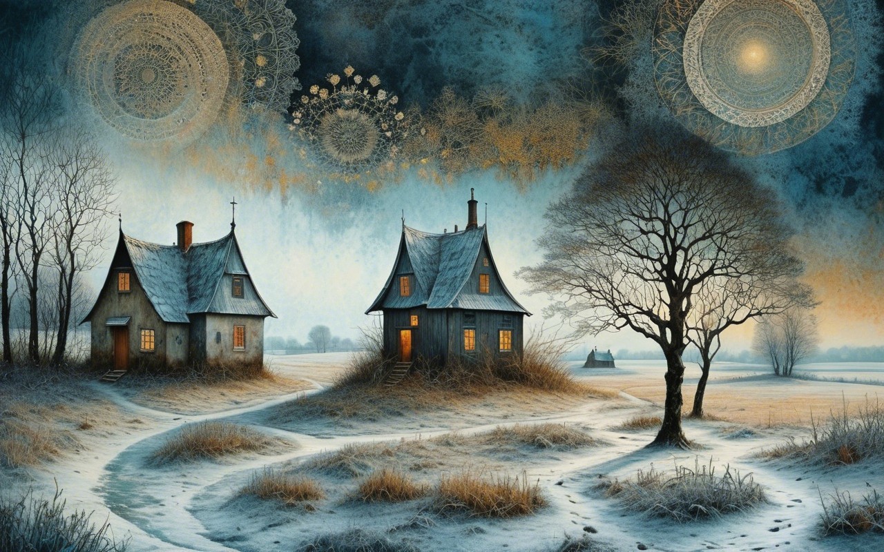 Serene winter landscape with charming homes and mandalas
