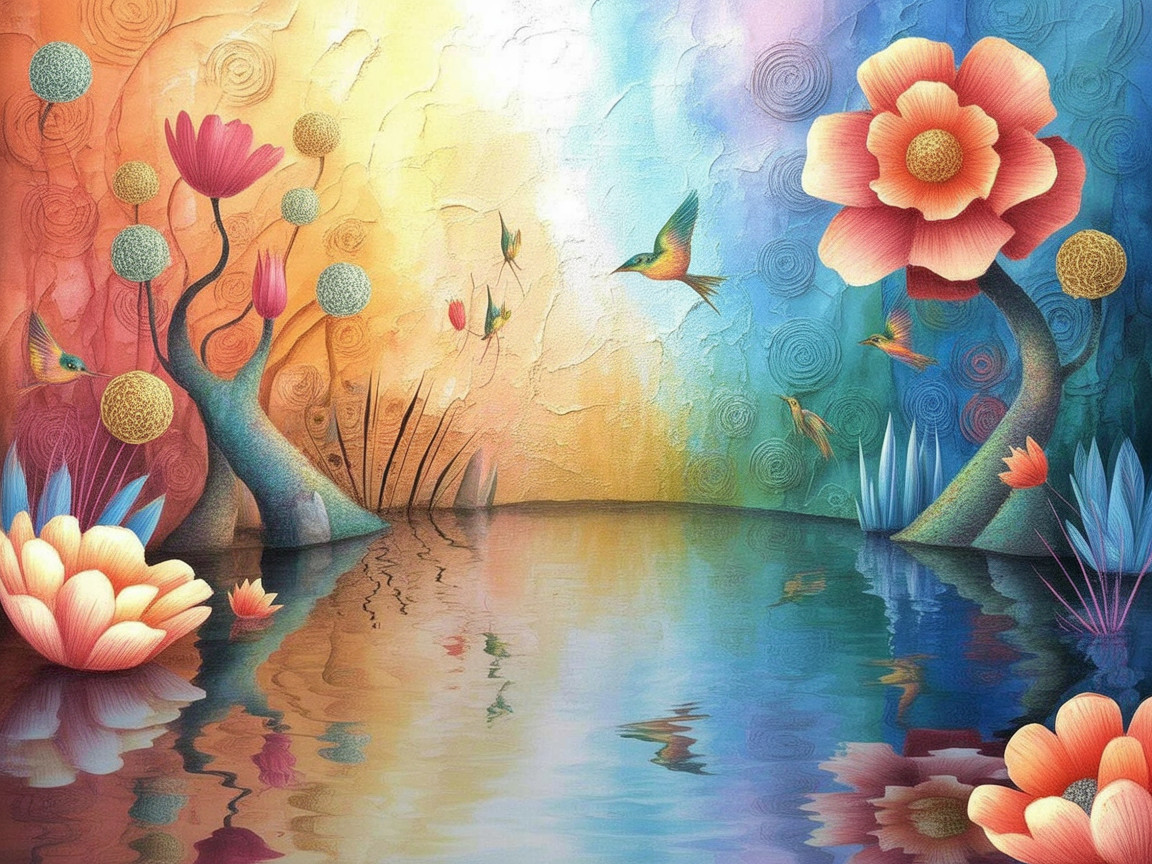 Surreal Landscape with Colorful Trees and Hummingbirds
