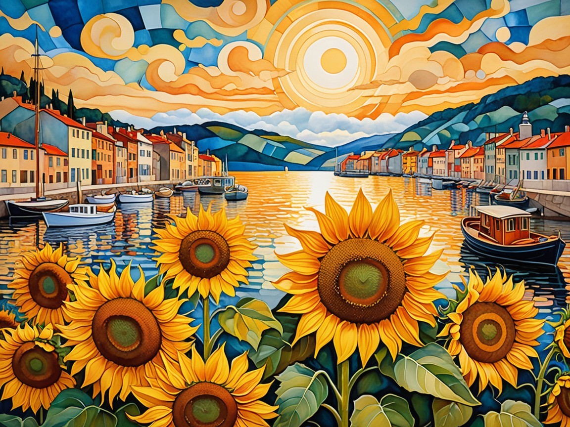 Vibrant Harbor Landscape with Colorful Houses and Sunflowers