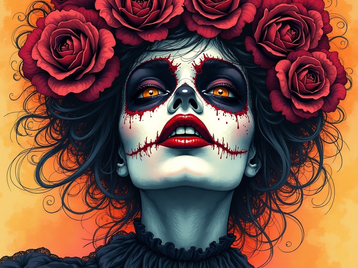 Woman with Skull Makeup and Red Roses in Hair