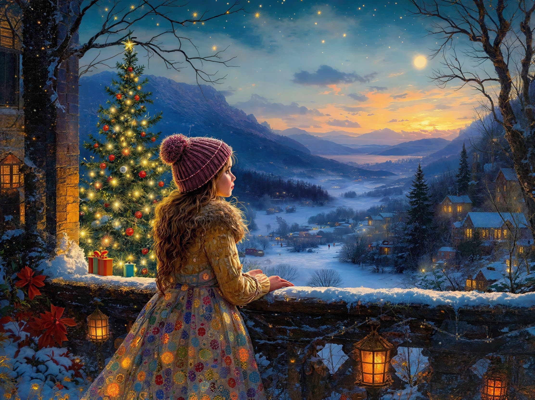 Young Girl in Winter Attire Overlooking Snowy Valley