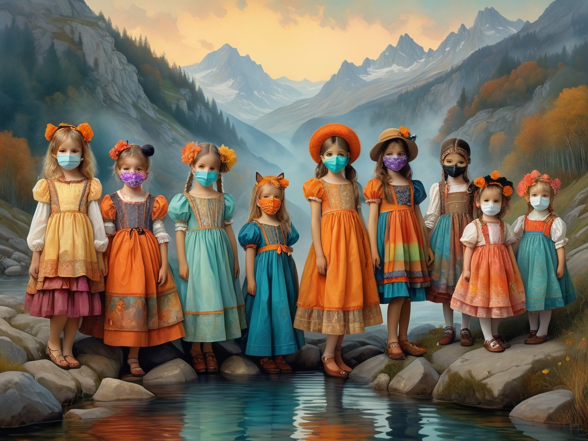 Young girls in vibrant dresses by a mountain stream