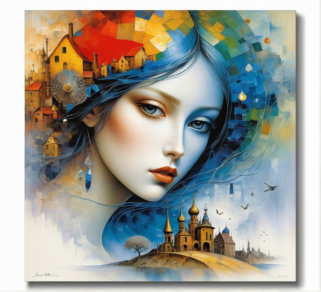 Ethereal Woman with Blue Hair in Whimsical Landscape
