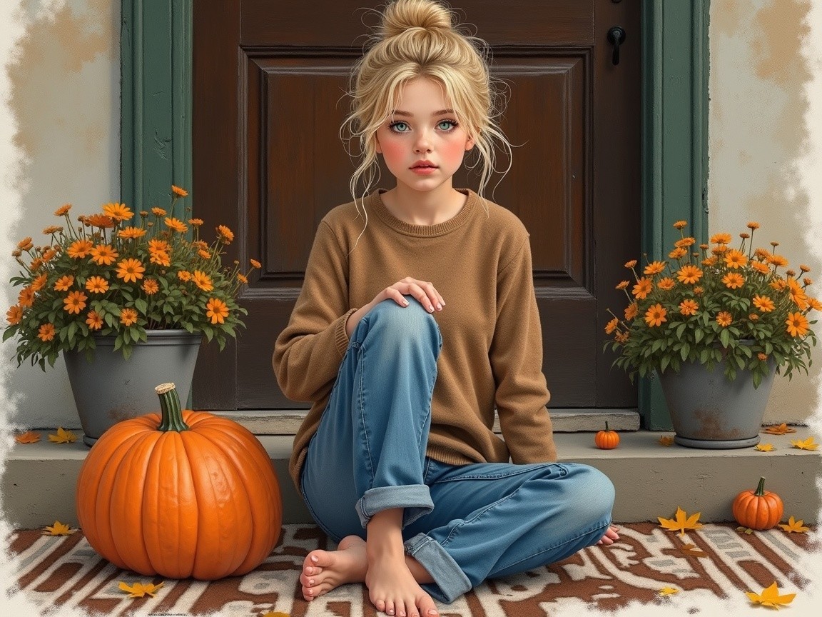 Young girl on porch with pumpkins and autumn decor
