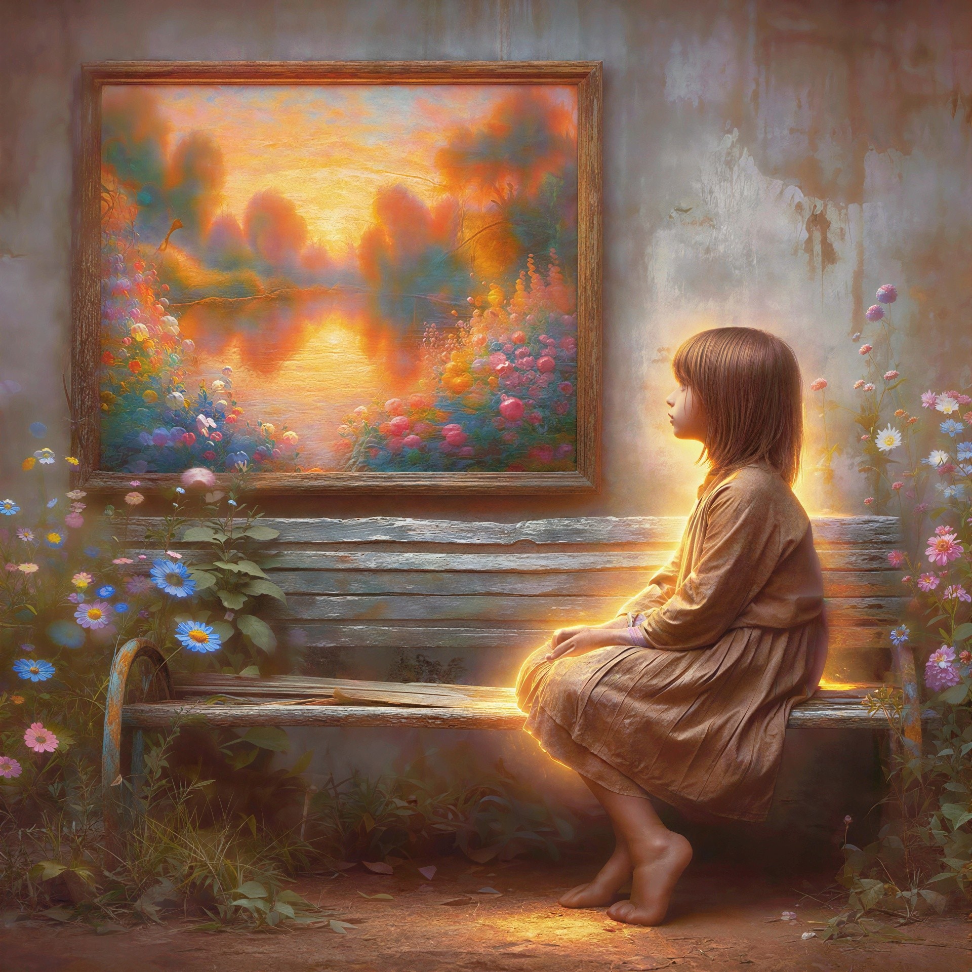 Ethereal girl on a bench near a magical sunset painting