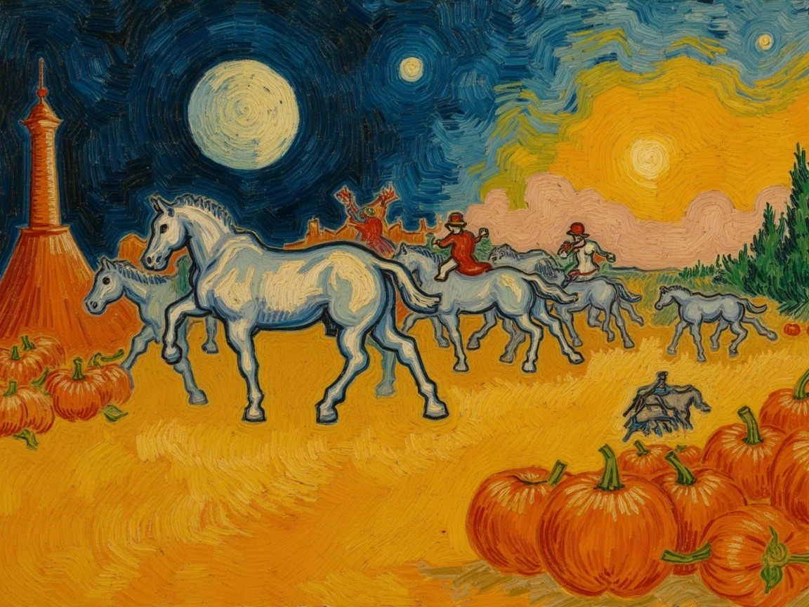 Vibrant Landscape with Horses and Autumn Pumpkins