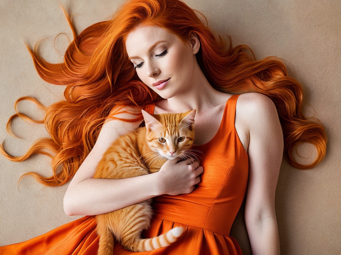 Serene Woman Cradling Orange Tabby Cat on Light Surface