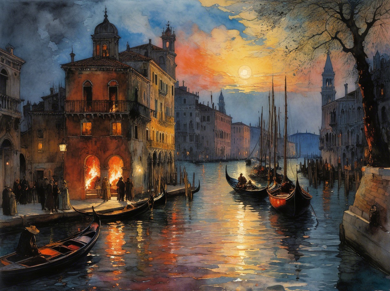 Watercolor Painting of a Venetian Canal at Dusk