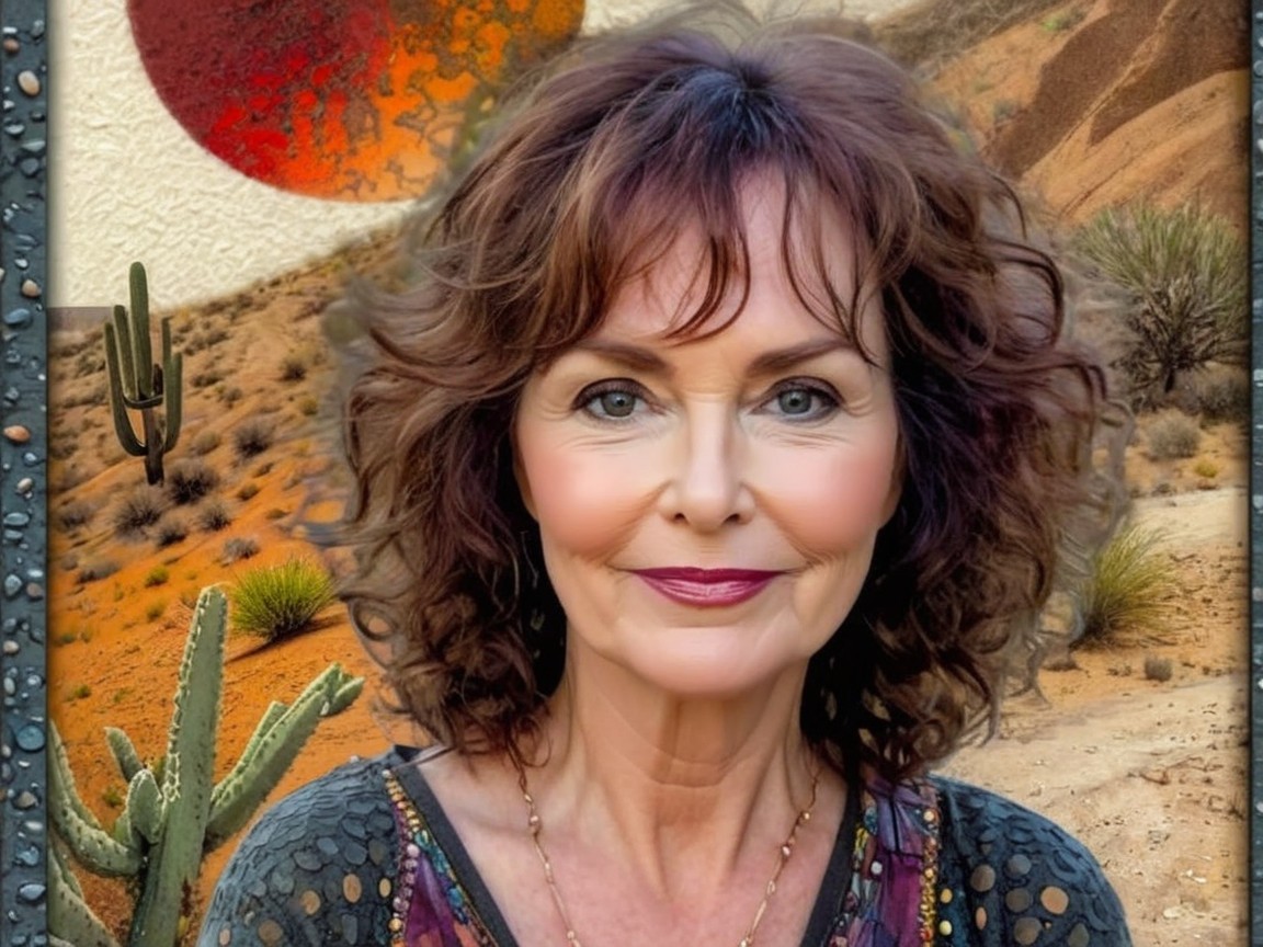 Woman with Curly Hair in Desert Landscape Scene