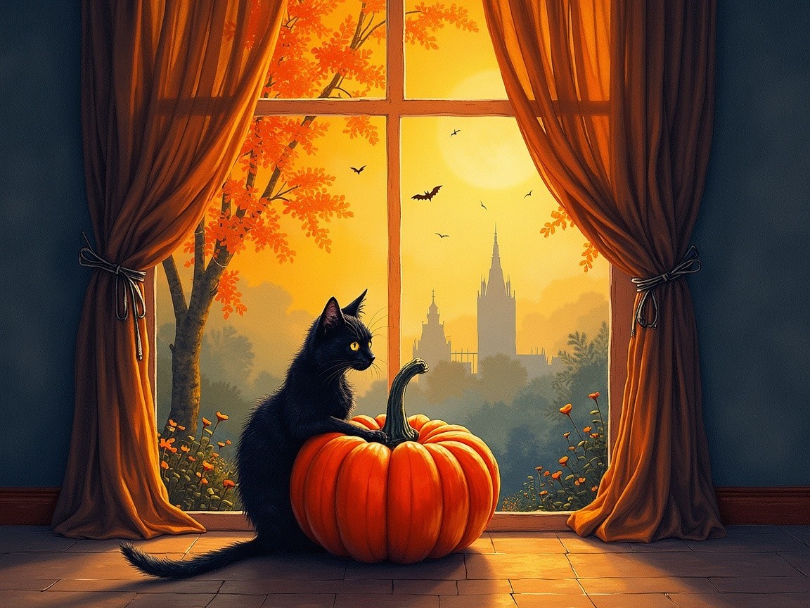 Cozy Autumn Scene with Black Cat and Pumpkin