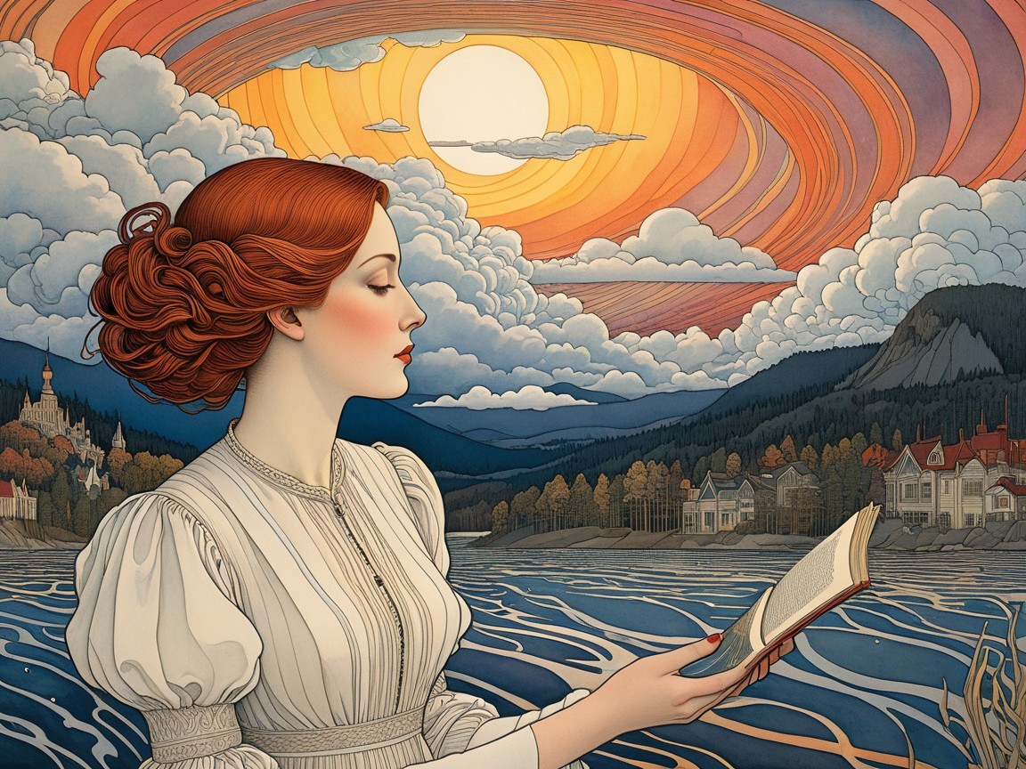 Woman Reading by a Tranquil Lake at Sunset