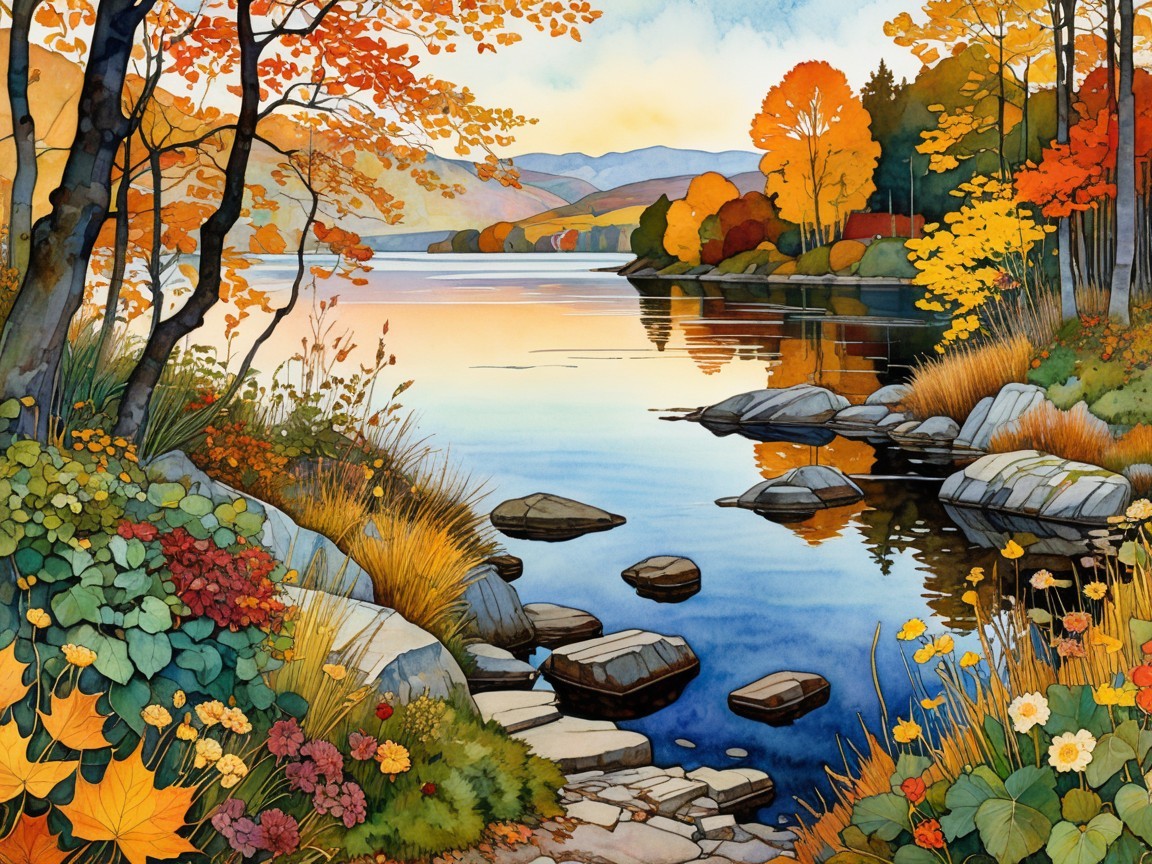 Autumn Landscape with Lake and Vibrant Foliage