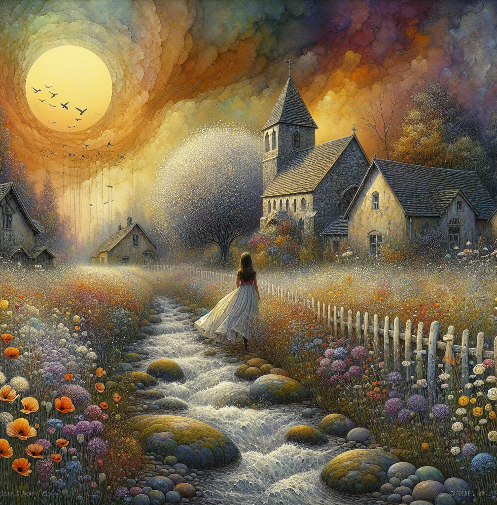 Twilight Village Scene with Woman and Blooming Wildflowers