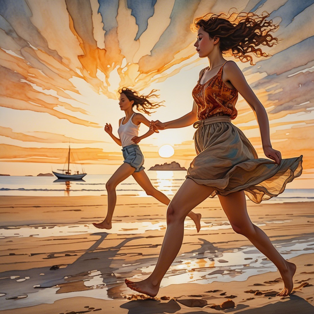 Women Running on Beach at Sunset with Sailboat