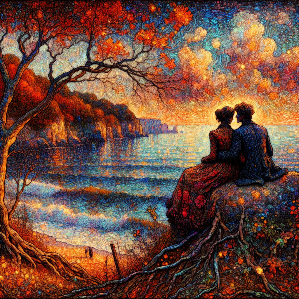 Romantic Shore Scene with Sunset and Autumn Trees