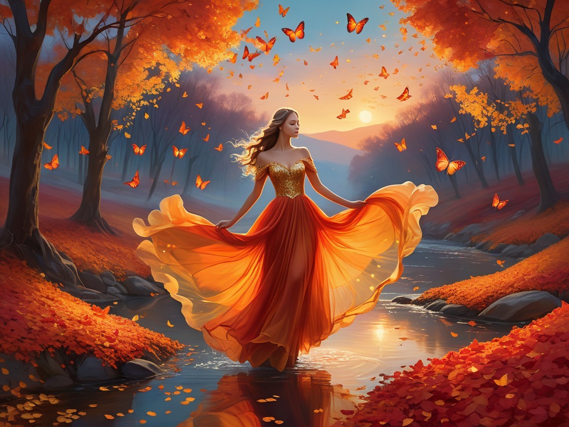Serene Autumn Scene with Woman in Orange Gown