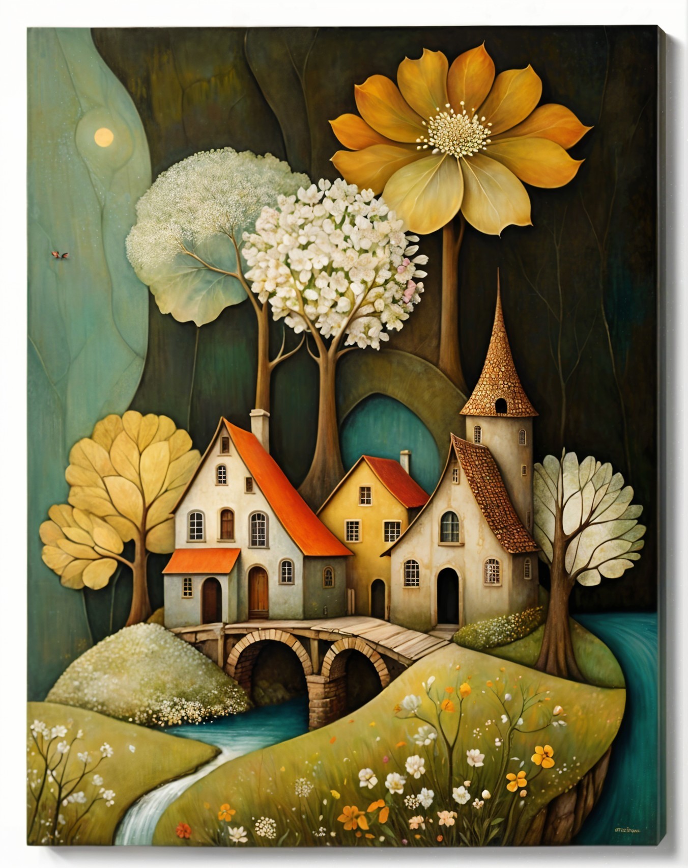 Whimsical Landscape with Quaint Houses and Stream