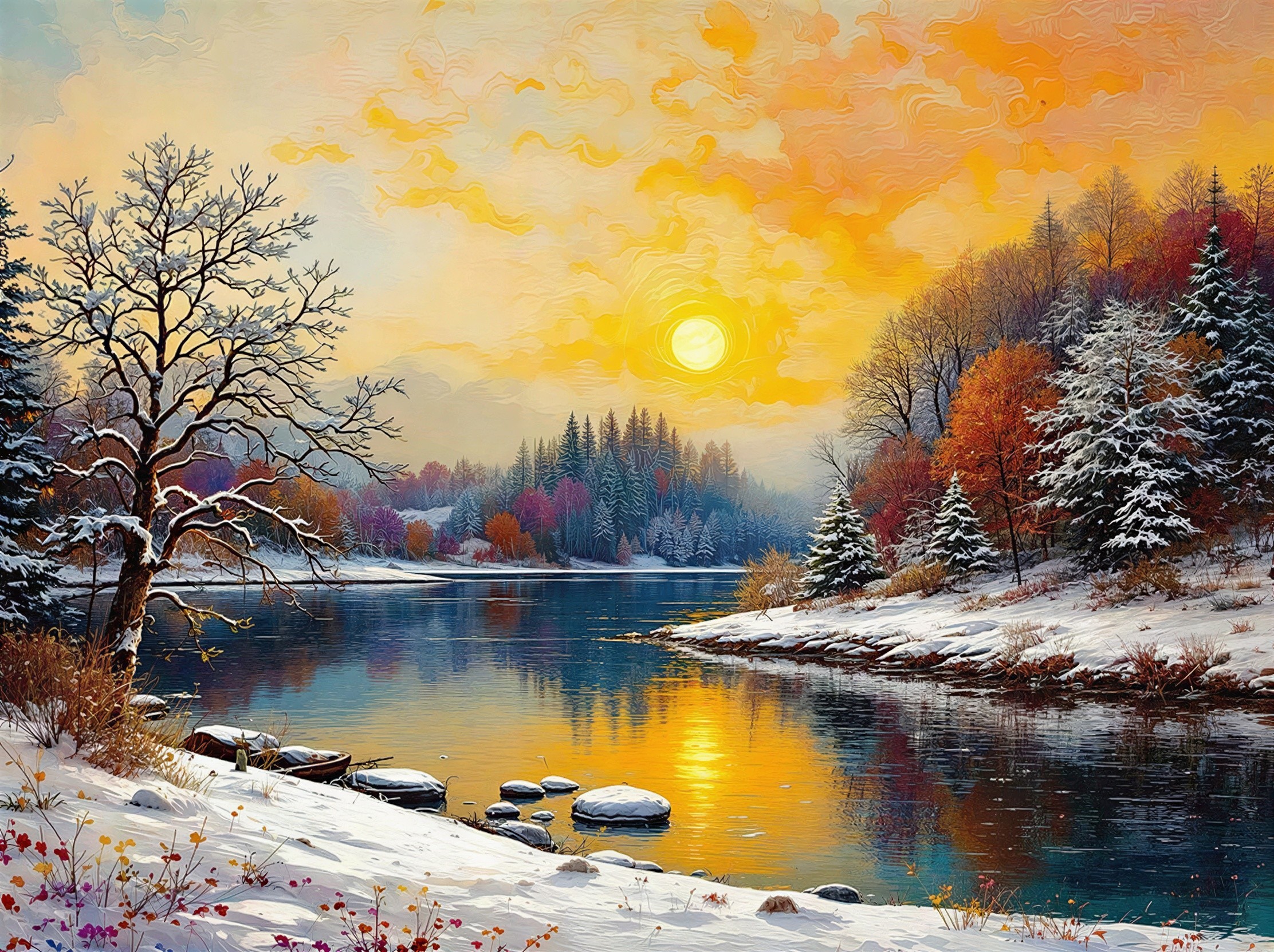 Winter Landscape with River and Colorful Trees