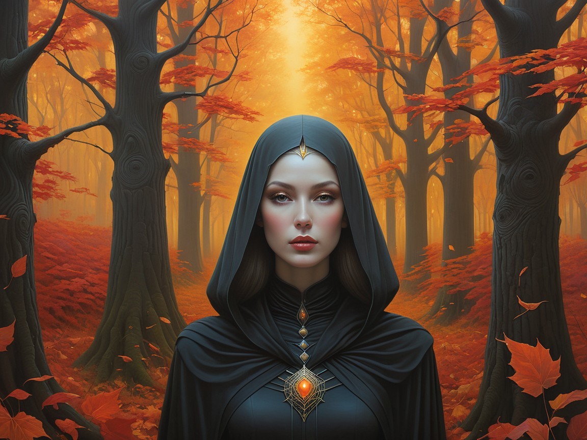 Mystical Forest Scene with Hooded Figure and Gemstone