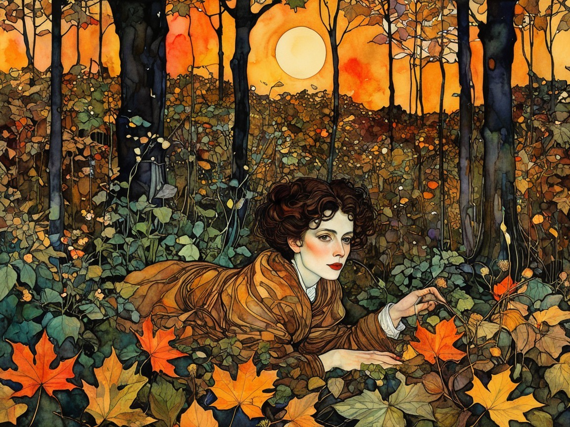 Woman in brown coat among autumn leaves at sunset