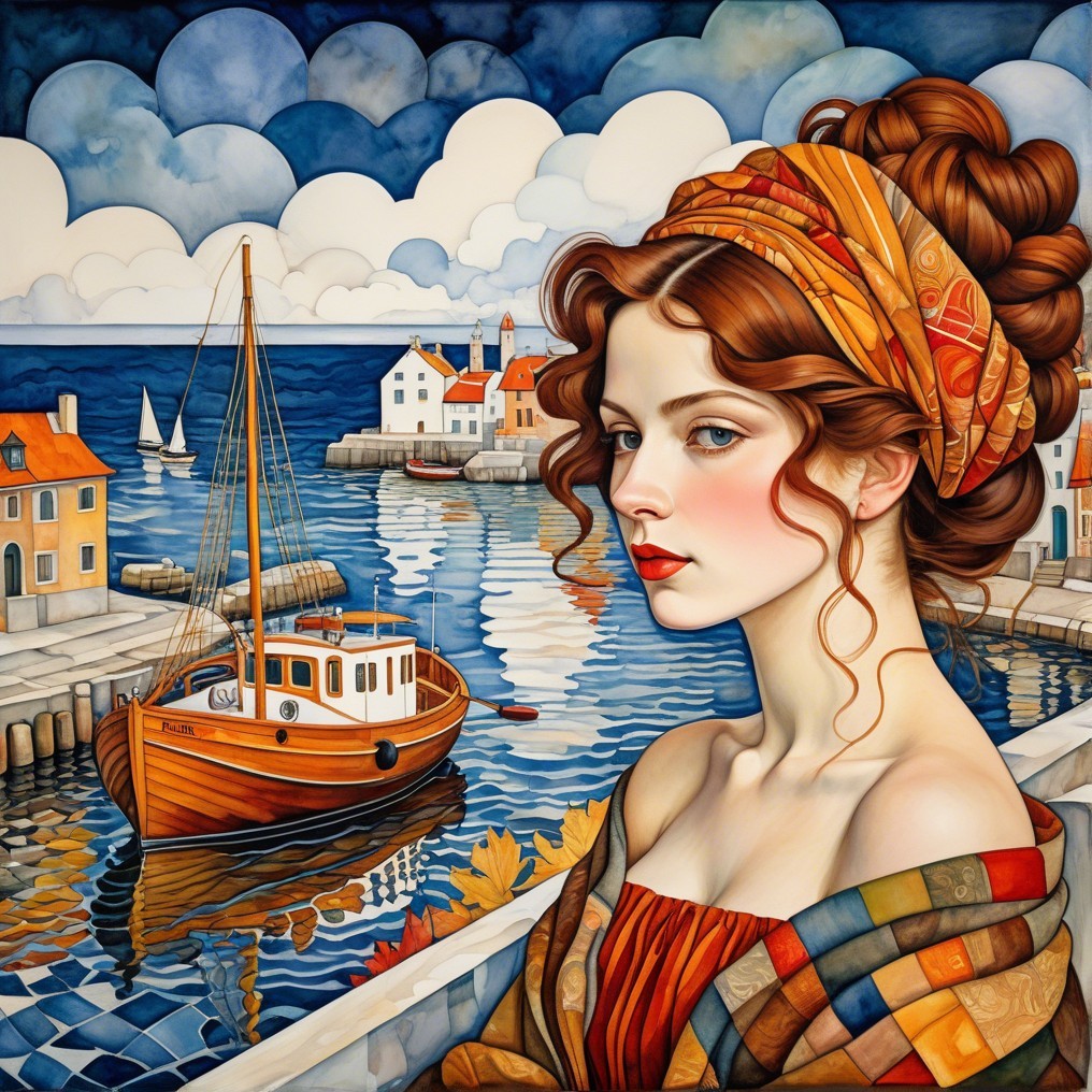 Serene Coastal Scene with Young Woman and Harbor