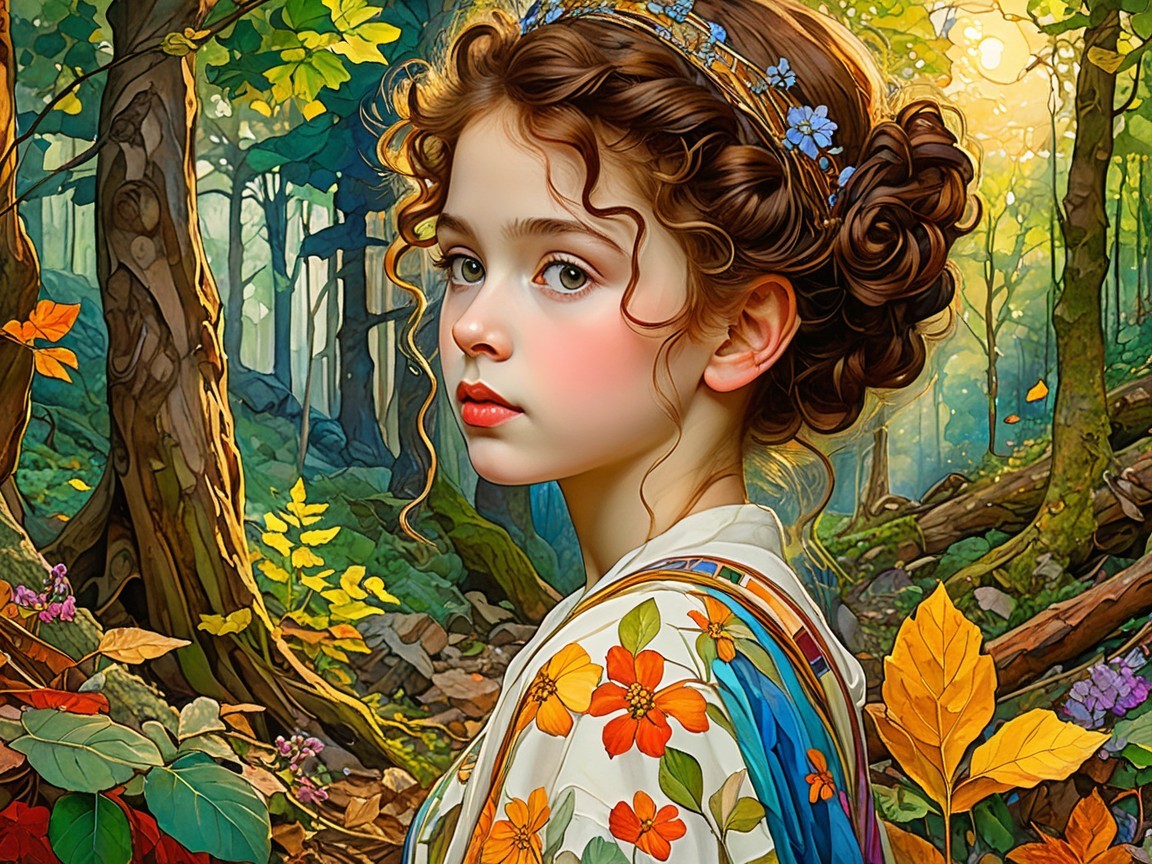 Young girl with floral crown in autumn forest scene