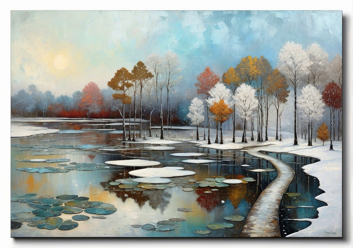 Serene winter landscape with tranquil lake and snow-covered trees