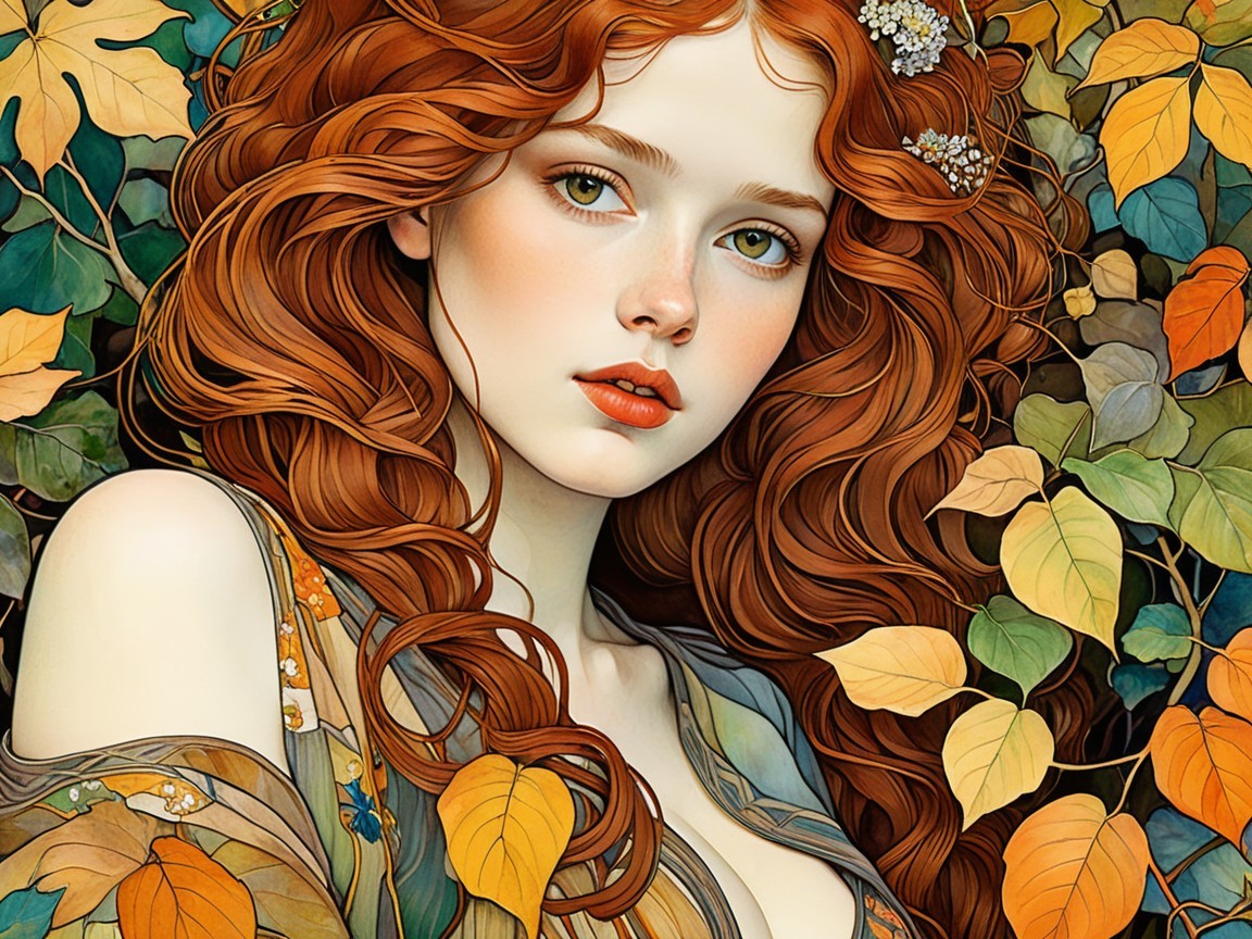 Young woman with red hair in autumn leaves setting
